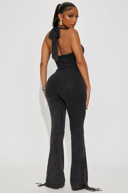 Leah Washed Fringe Halter Jumpsuit - Charcoal