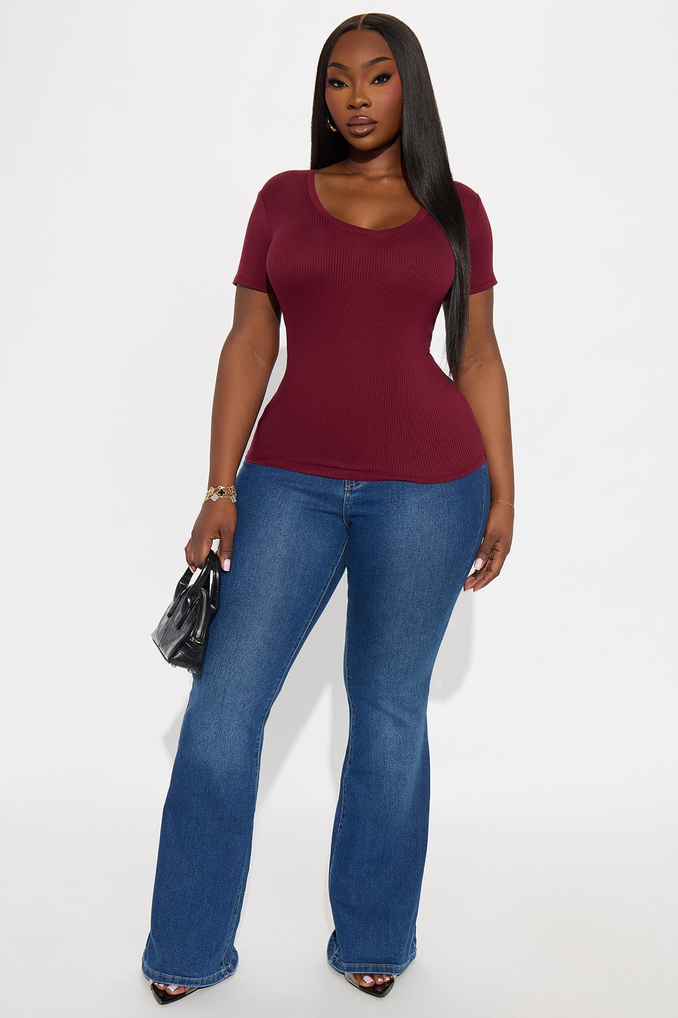 Natalie Ribbed Tee - Burgundy