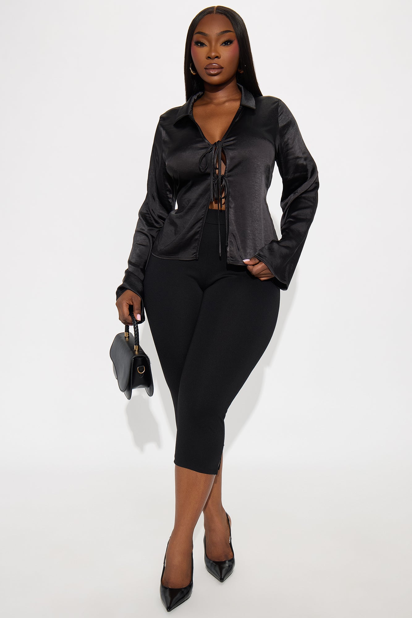 Frederica Tie Front Satin Blouse - Black
