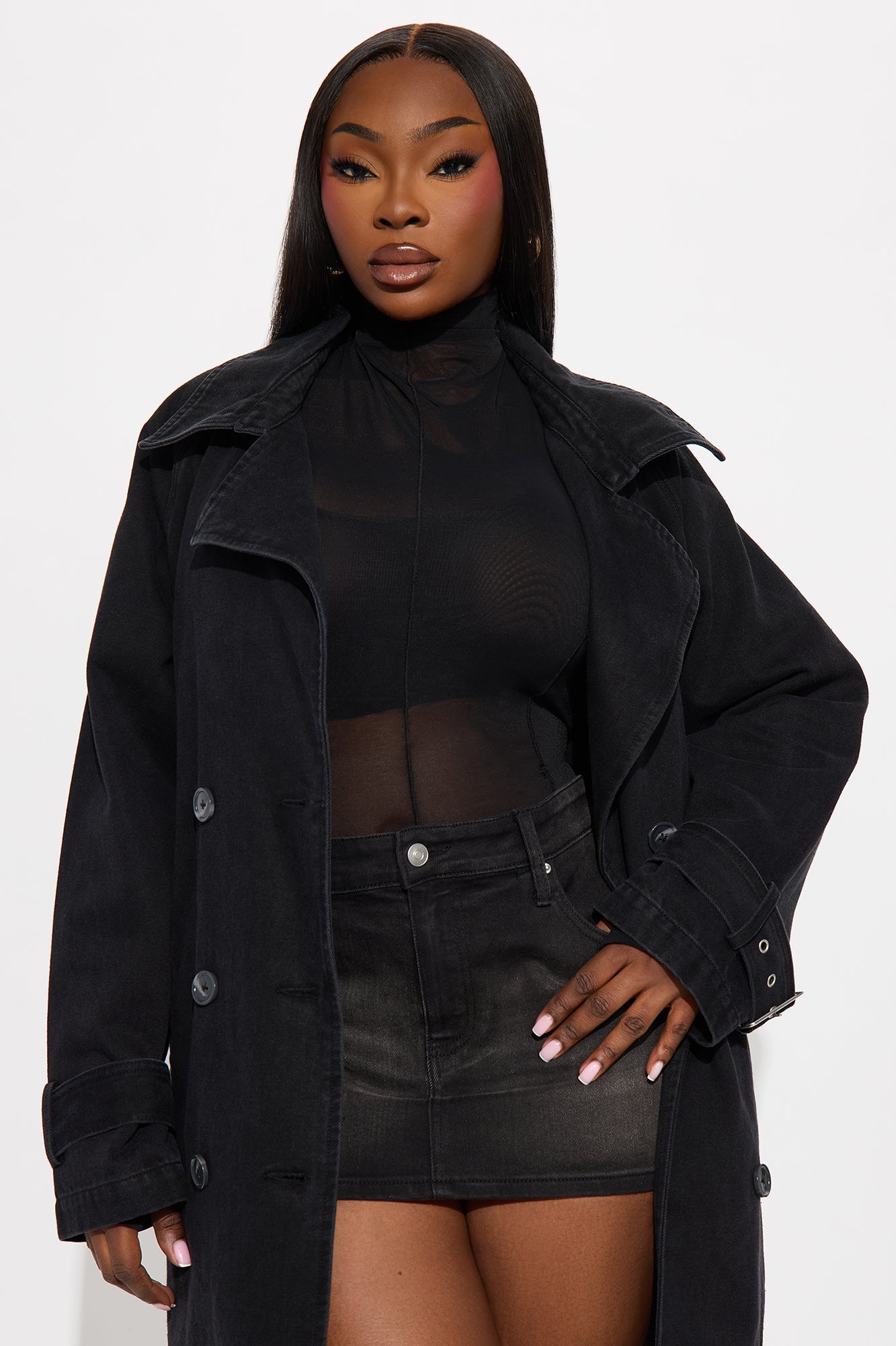 Denise Belted Denim Trench Coat - Black