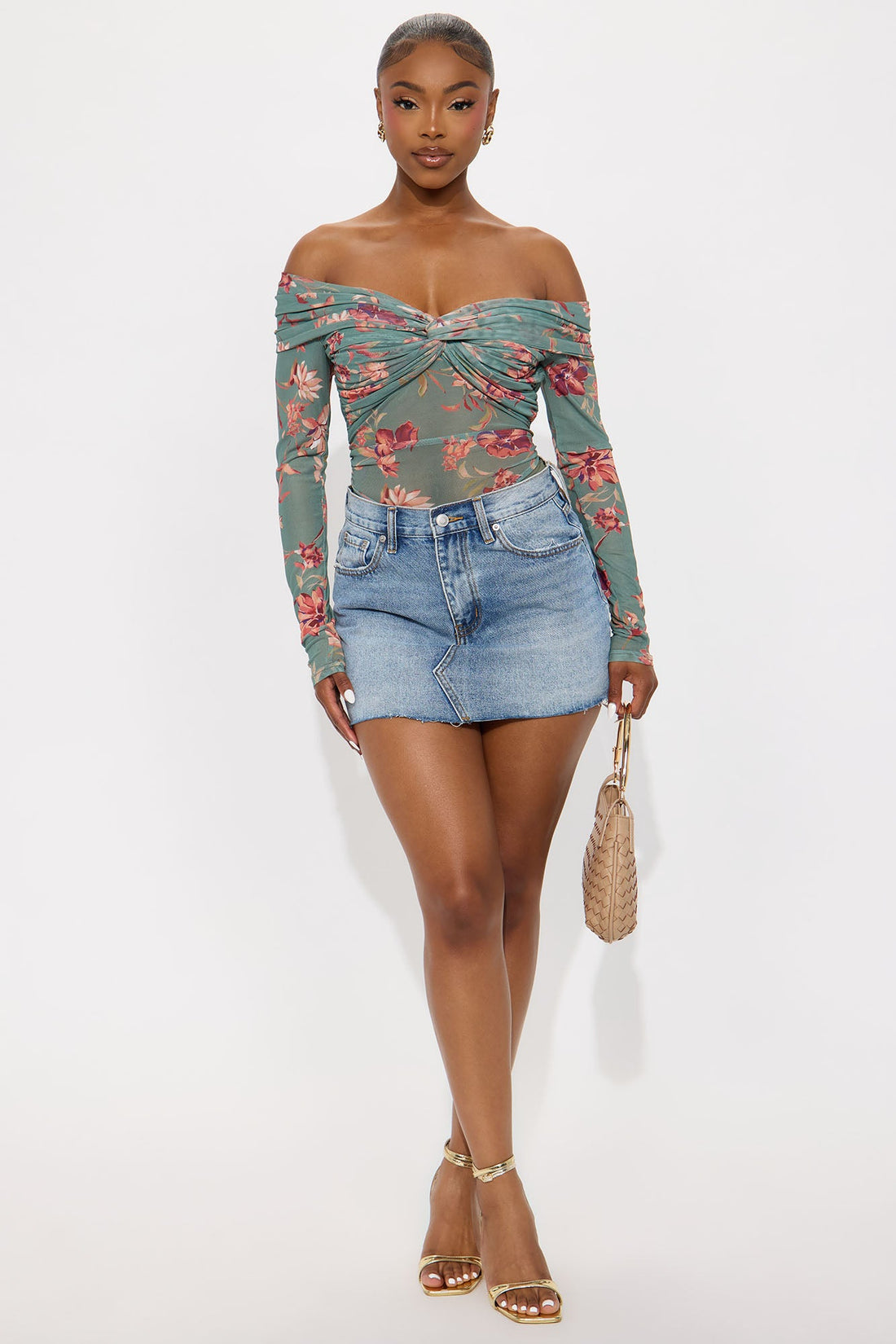 Floral Embrace Ruched Off Shoulder Bodysuit - Sage/combo