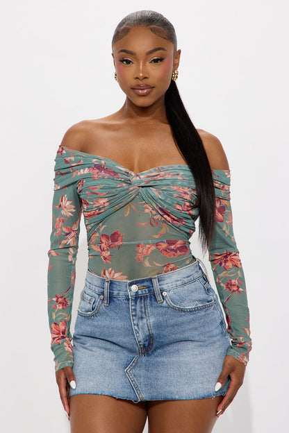 Floral Embrace Ruched Off Shoulder Bodysuit - Sage/combo