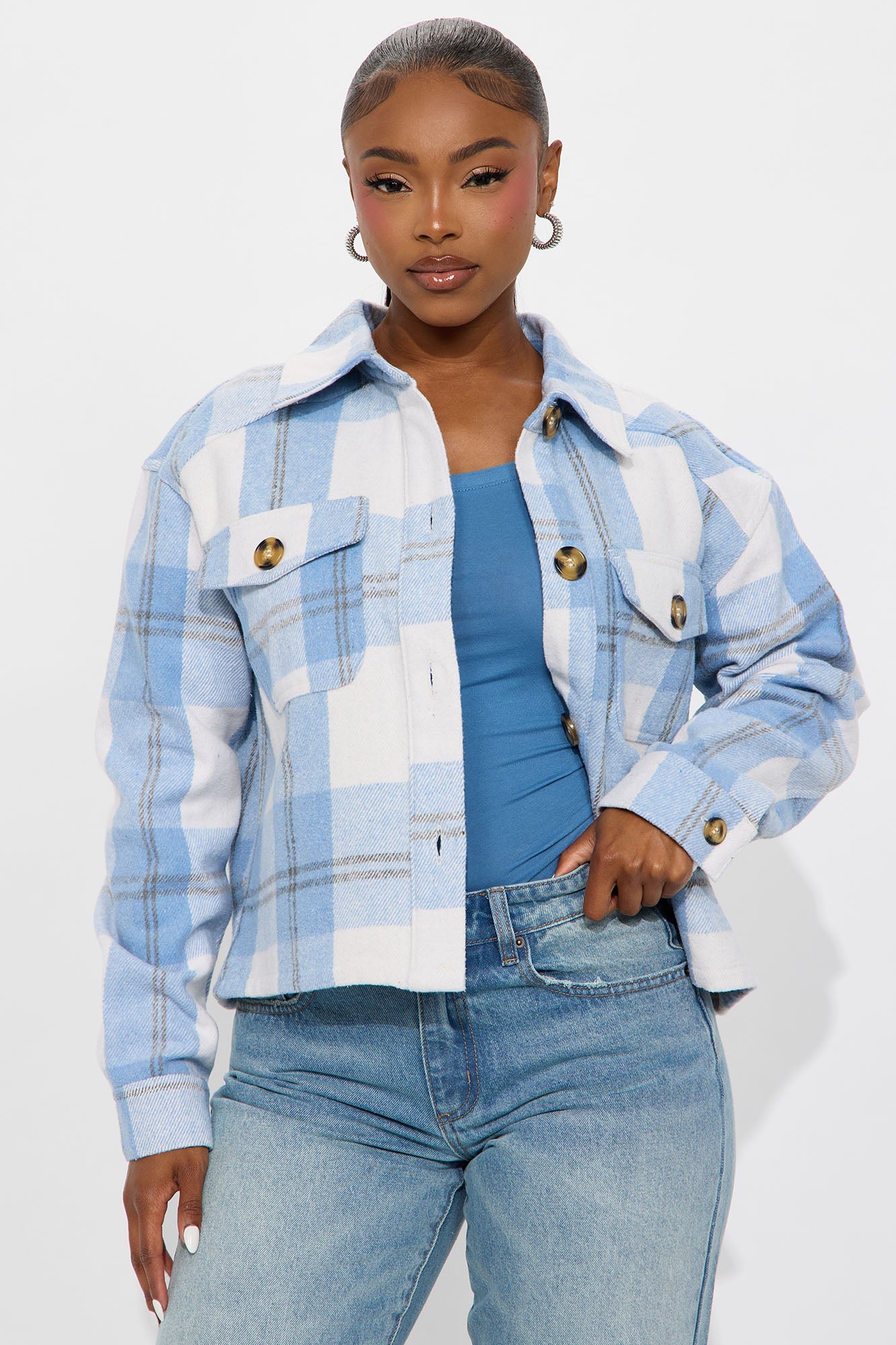 Harvest Bloom Plaid Shacket - Blue