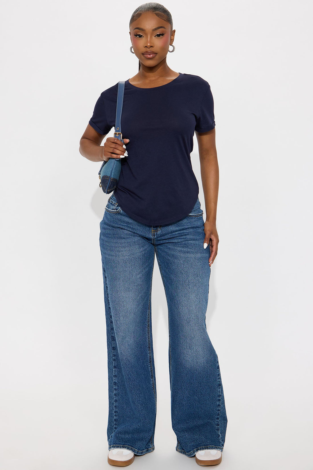 Annie Cuffed Short Sleeve Top - Navy