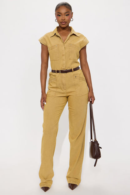 Karmina Belted Striaght Leg Jumpsuit - Tan
