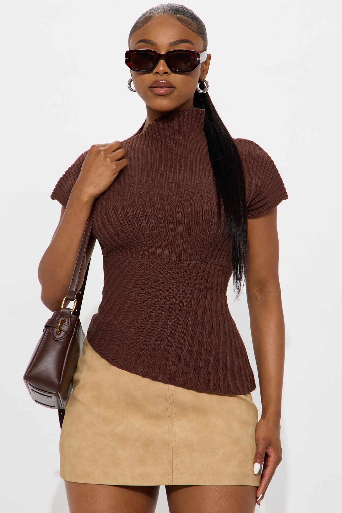 Aurora Mock Neck Sweater Top - Chocolate