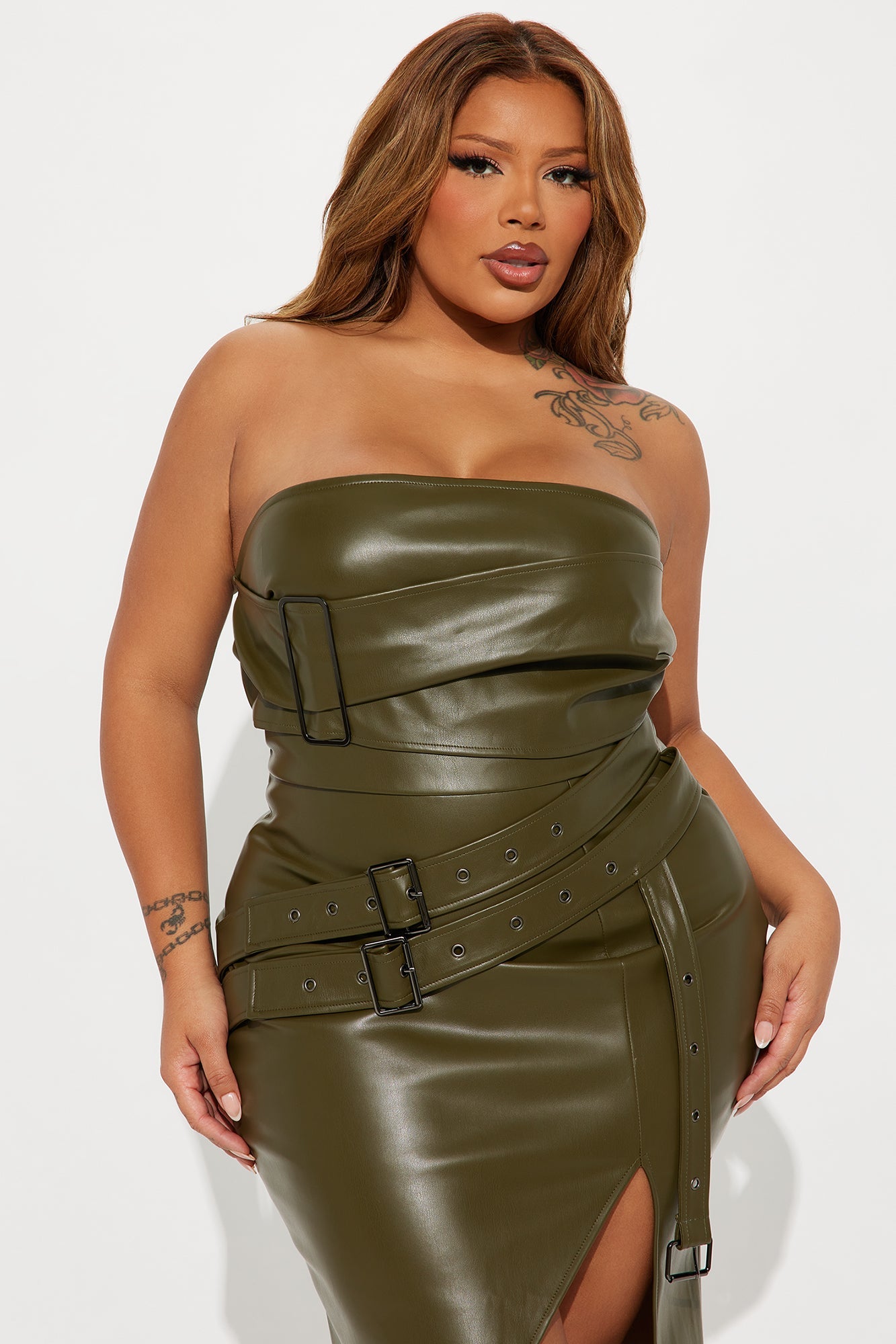 Speed It Up Faux Leather Midi Dress - Olive