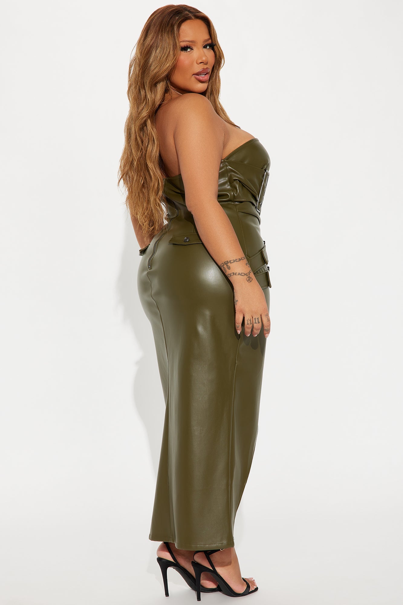 Speed It Up Faux Leather Midi Dress - Olive