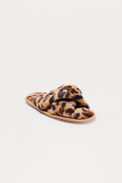 Piper Rhinestone Faux Fur Slippers - Leopard