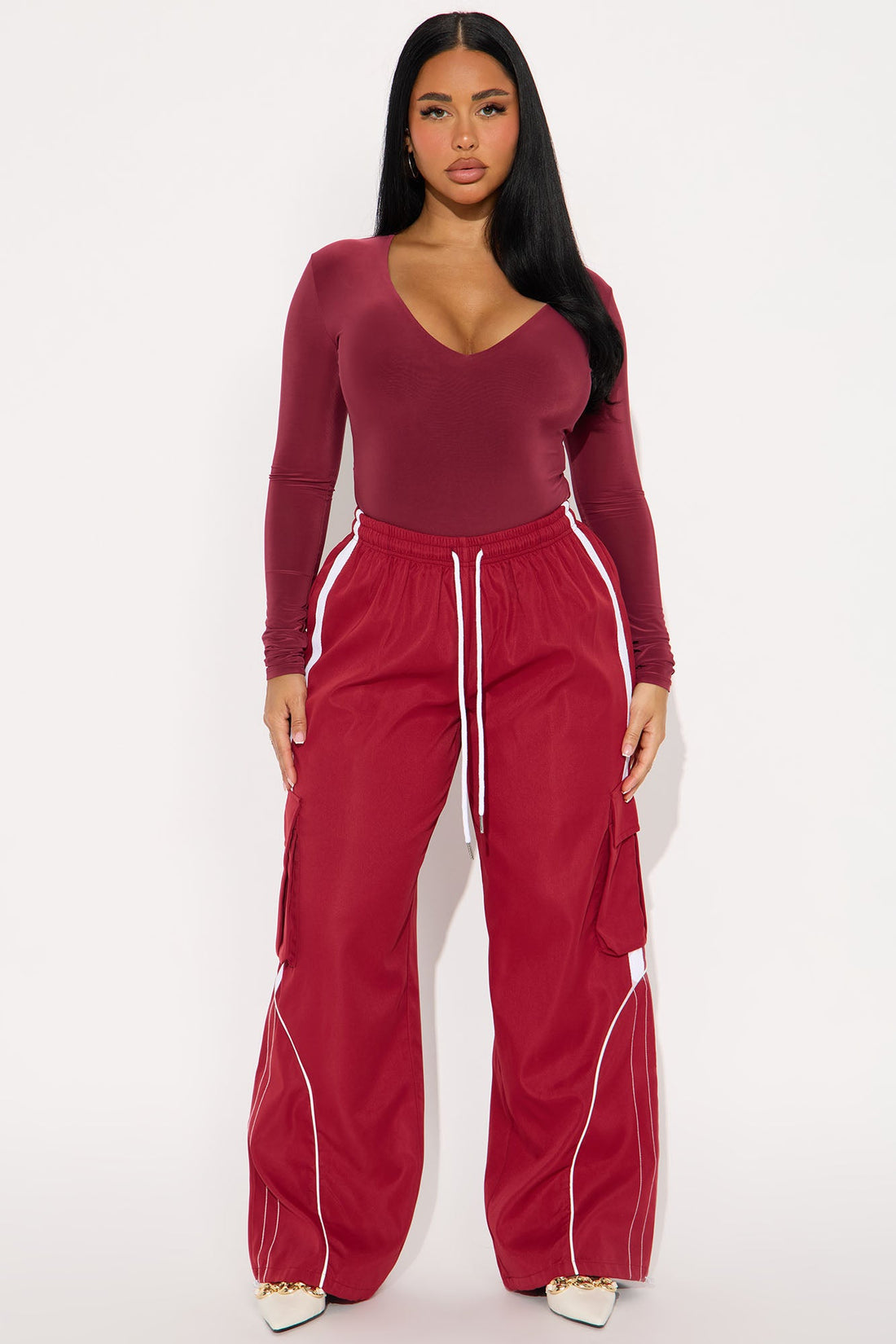 Take The Plunge Lined Long Sleeve Bodysuit - Burgundy