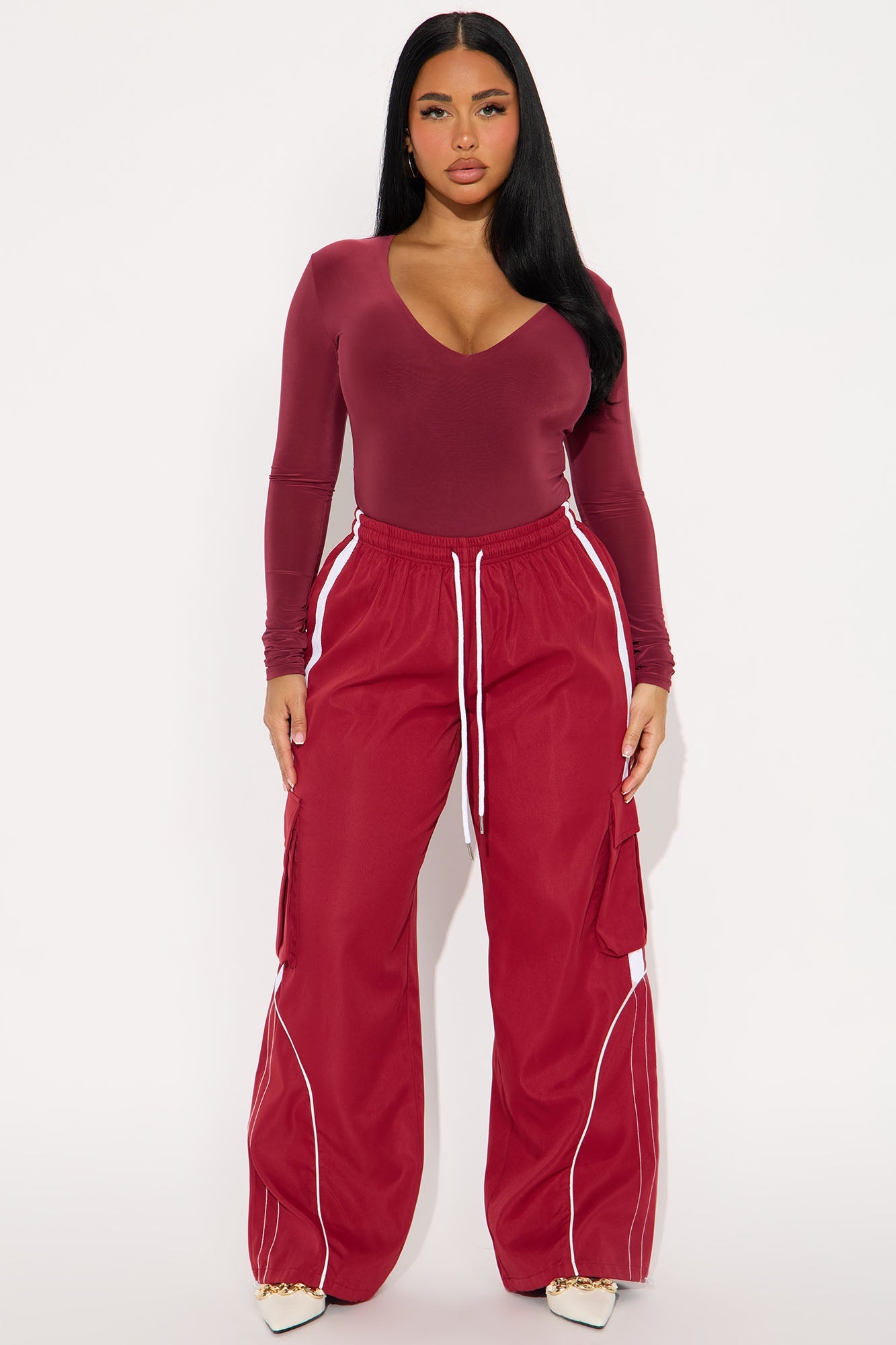 Take The Plunge Lined Long Sleeve Bodysuit - Burgundy