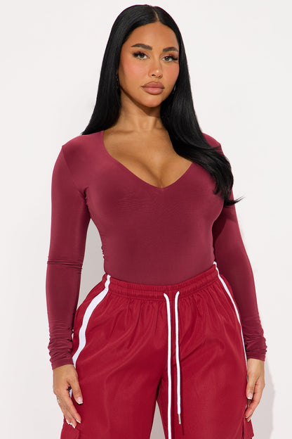 Take The Plunge Lined Long Sleeve Bodysuit - Burgundy