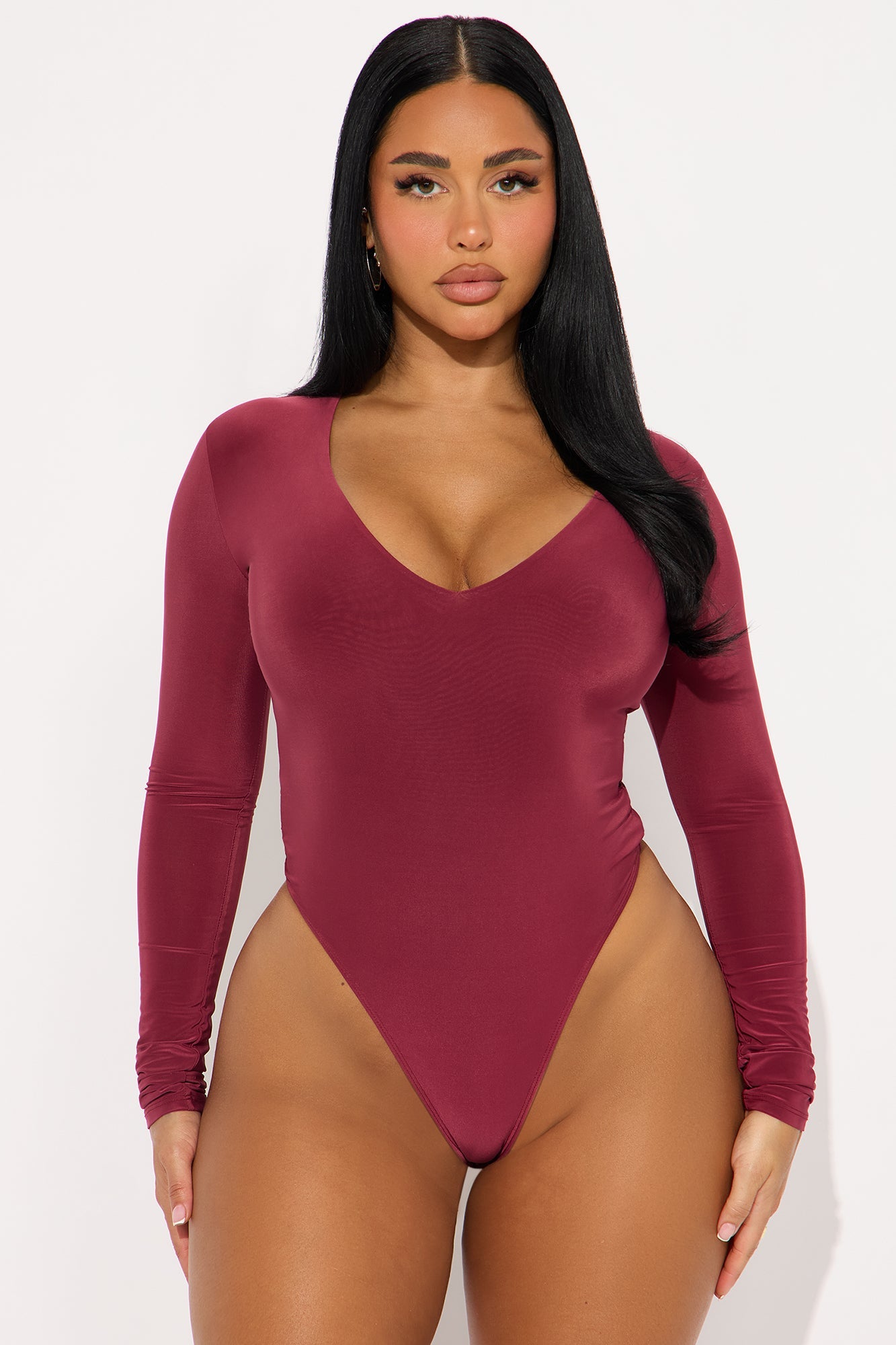 Take The Plunge Lined Long Sleeve Bodysuit - Burgundy