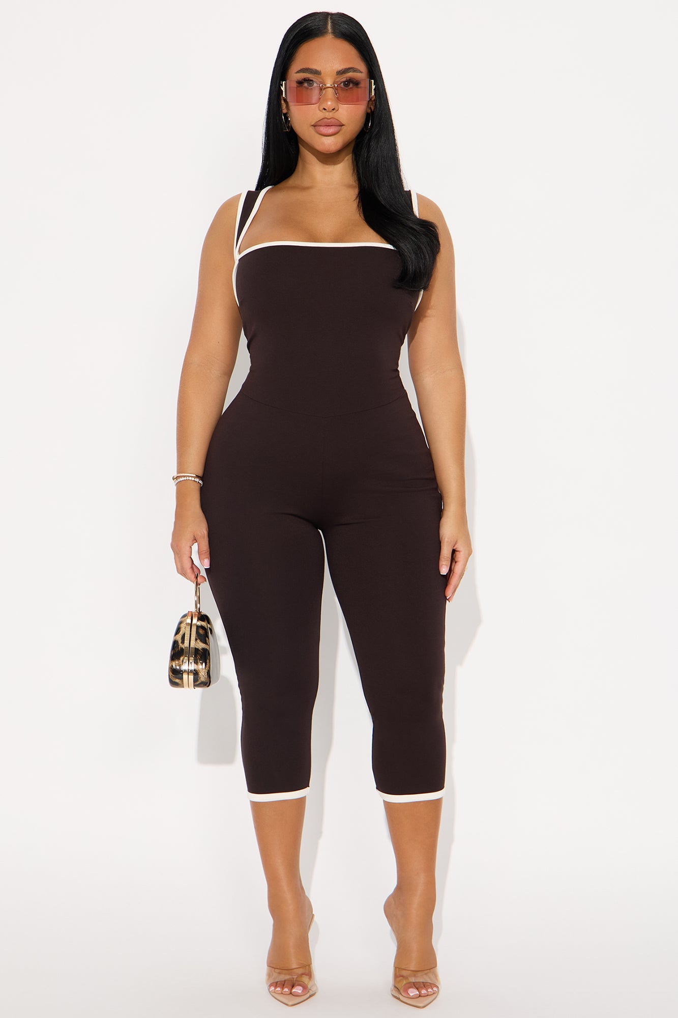 His Loss Contrast Trim Capri Jumpsuit - Chocolate