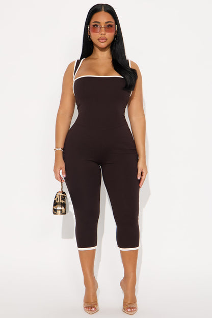 His Loss Contrast Trim Capri Jumpsuit - Chocolate