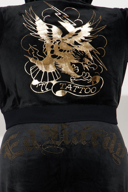 Ed Hardy Tattoo Gold Eagle Velour Pant Set - Black