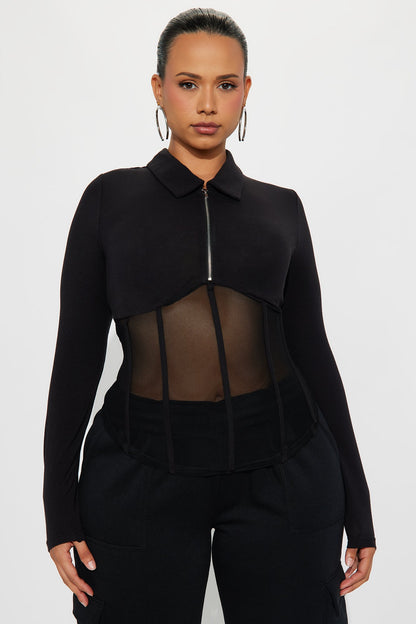 Nessie Long Sleeve Collared Corset Top - Black