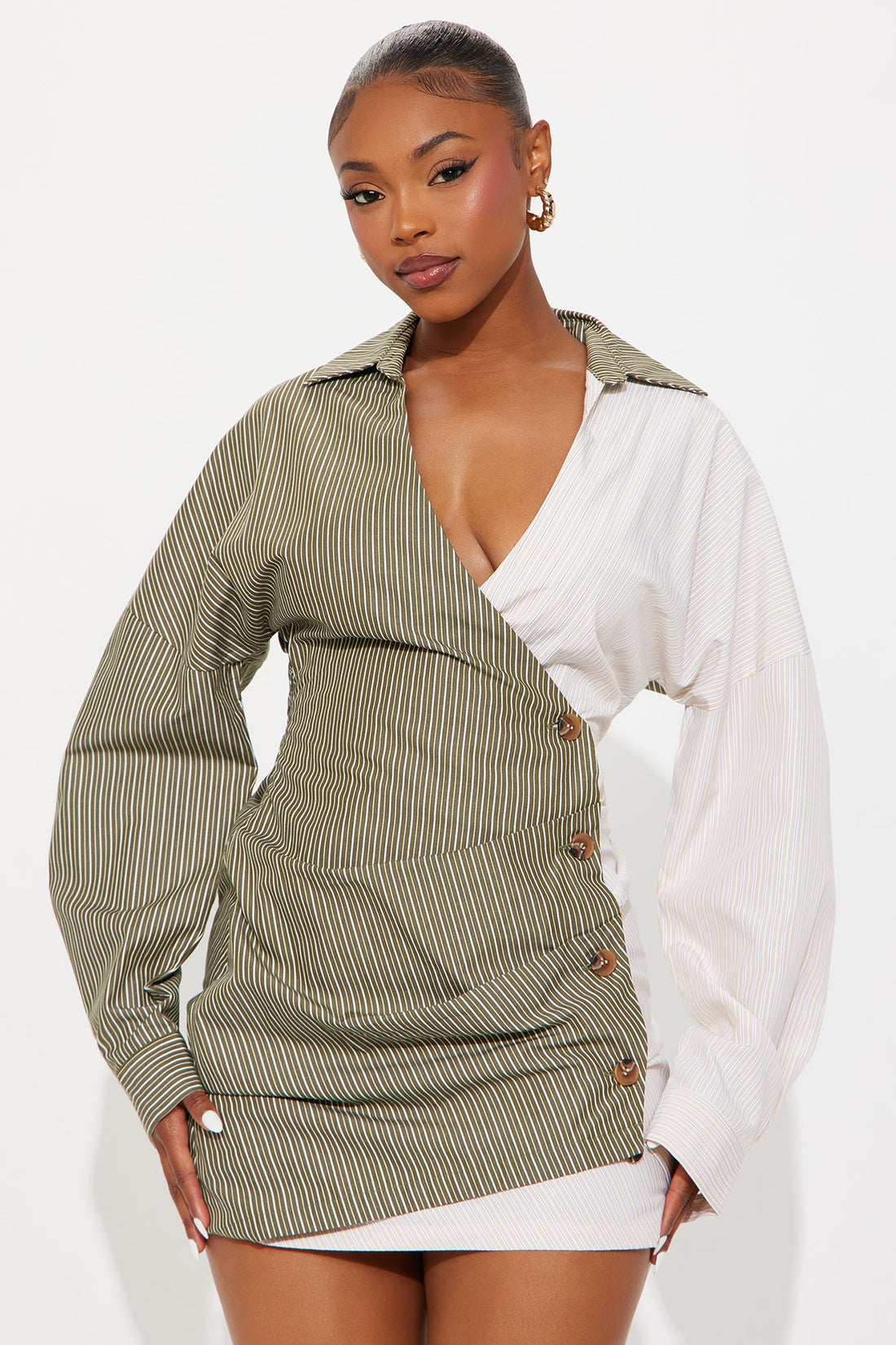 Charli Surplice Pinstripe Shirt Mini Dress - Olive/combo
