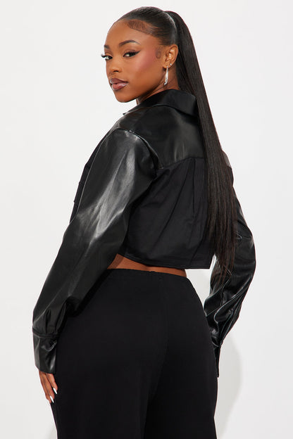 Hey Way Poplin Contrast Faux Leather Shirt - Black