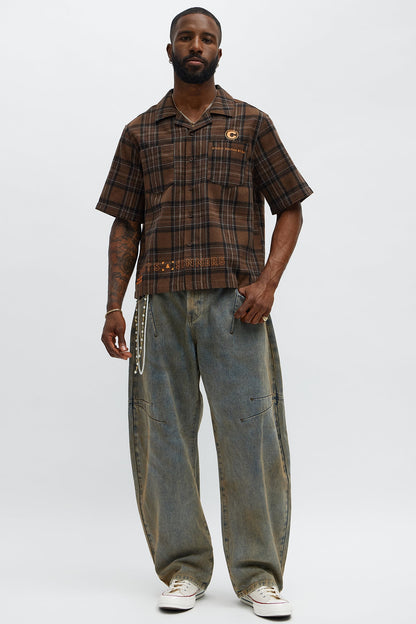 Culture Plaid Cropped Button Up Shirt - Brown