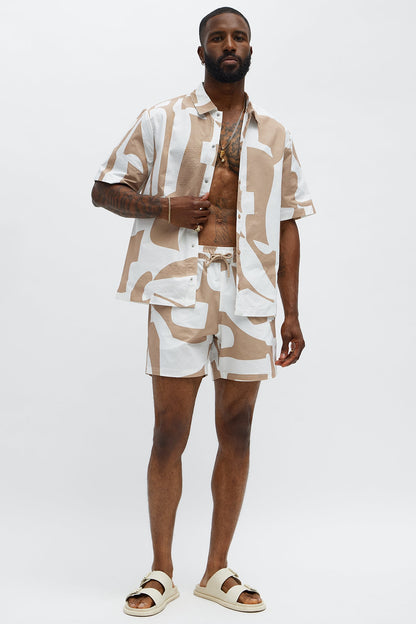Seersucker Abstract Geo Printed Closed Collar Shirt - Tan/Multi