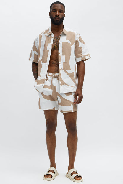 Seersucker Abstract Geo Printed Swim Trunk 6″ - Tan/Multi
