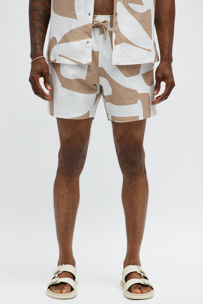 Seersucker Abstract Geo Printed Swim Trunk 6″ - Tan/Multi