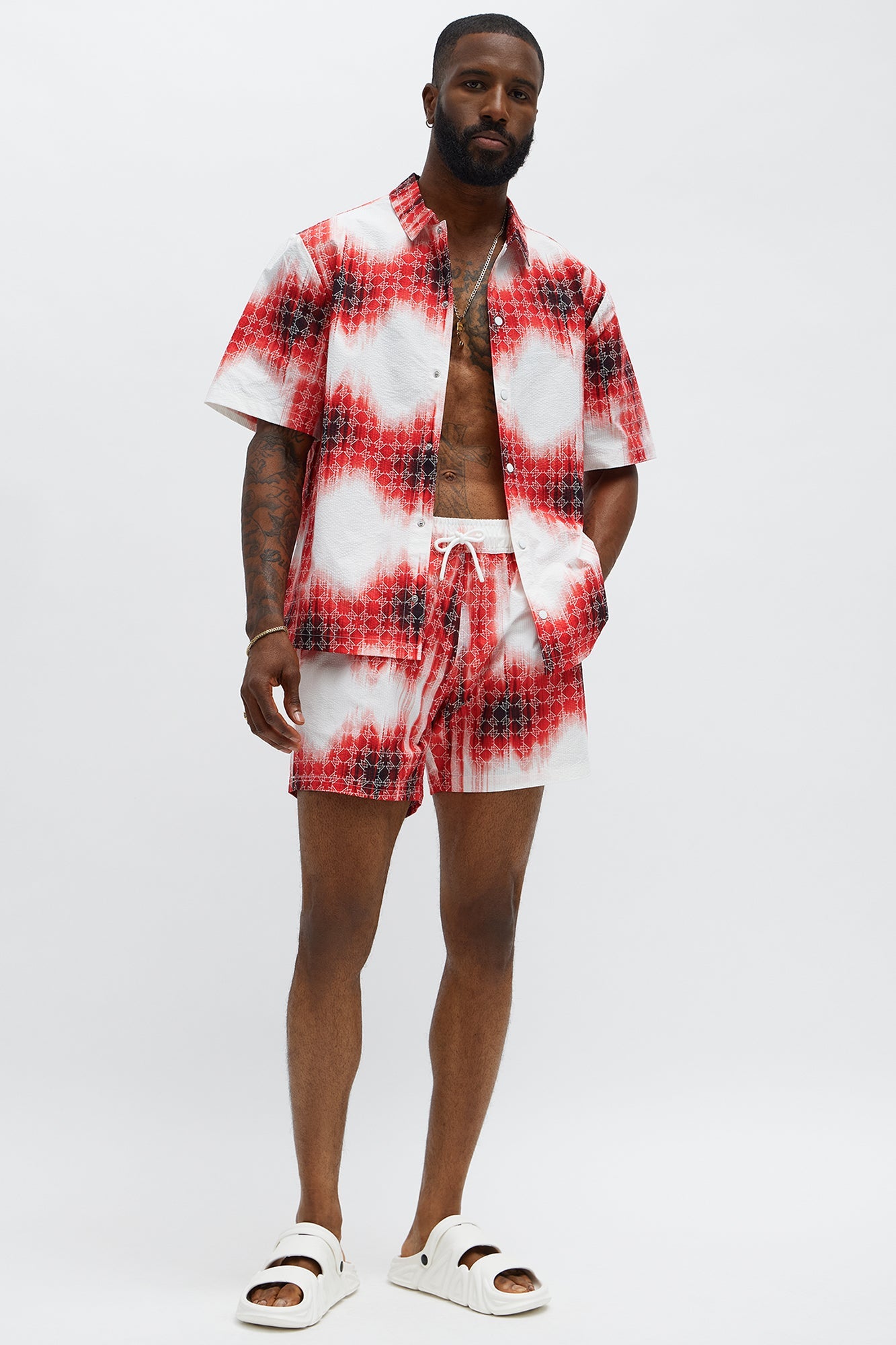 Seersucker Tie Dye Printed Swim Mid Trunk - Red/combo