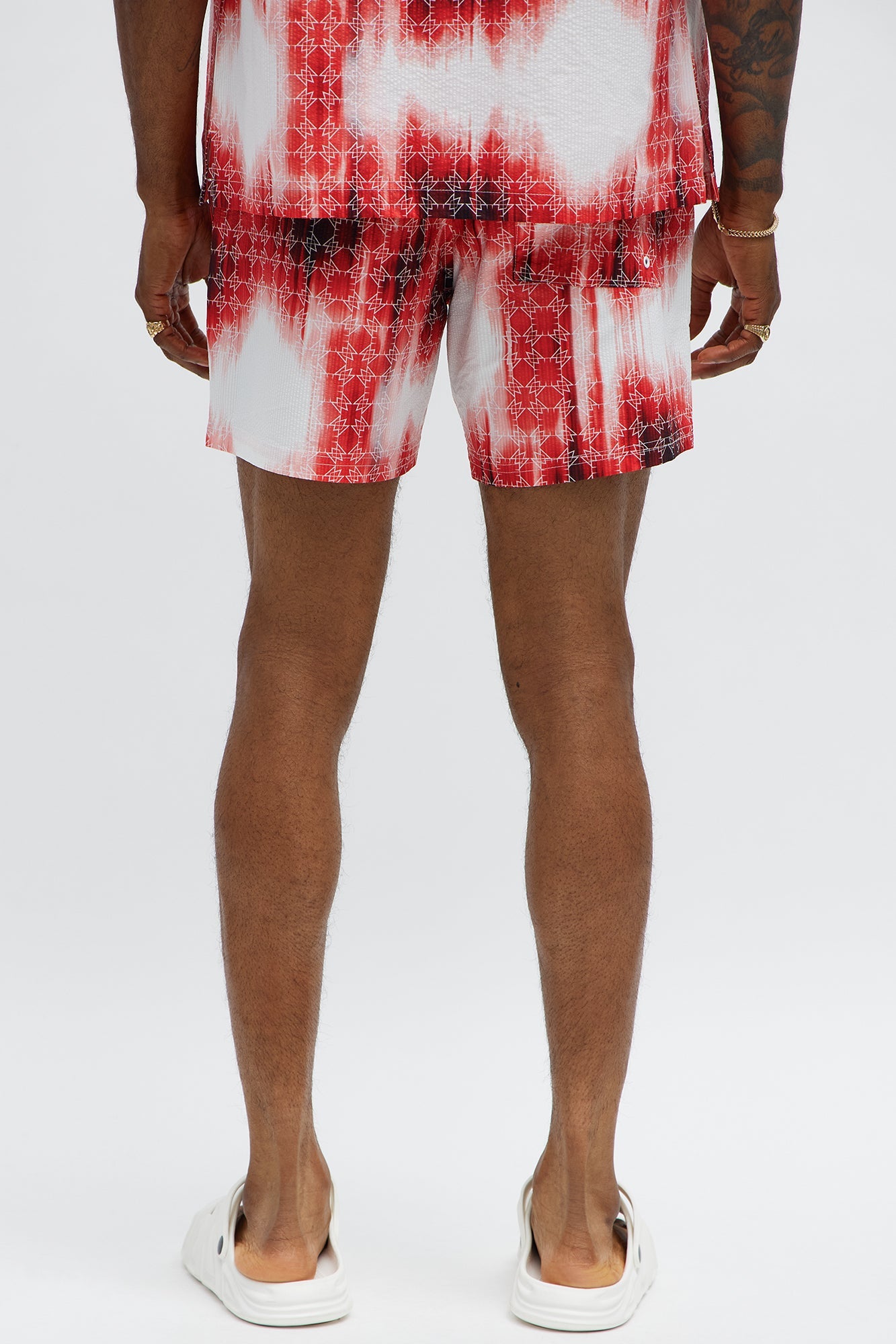Seersucker Tie Dye Printed Swim Mid Trunk - Red/combo