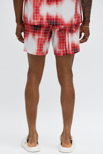 Seersucker Tie Dye Printed Swim Mid Trunk - Red/combo