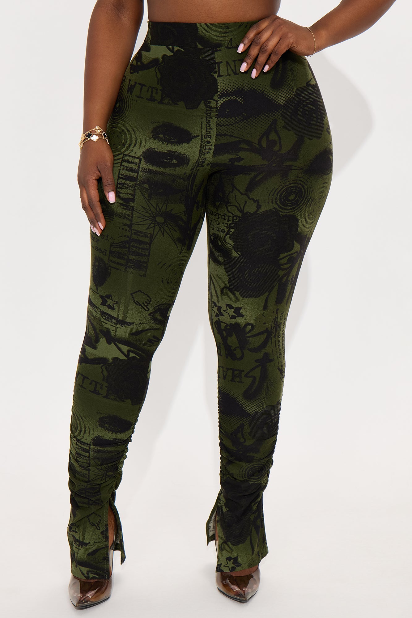 Watch Out Printed Stacked Pant - Olive/combo