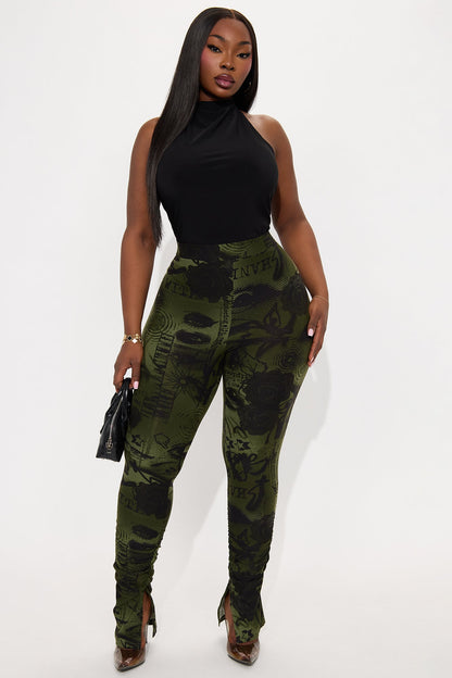 Watch Out Printed Stacked Pant - Olive/combo