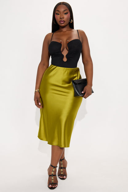 Girls Need Love Satin Midi Skirt - Chartreuse