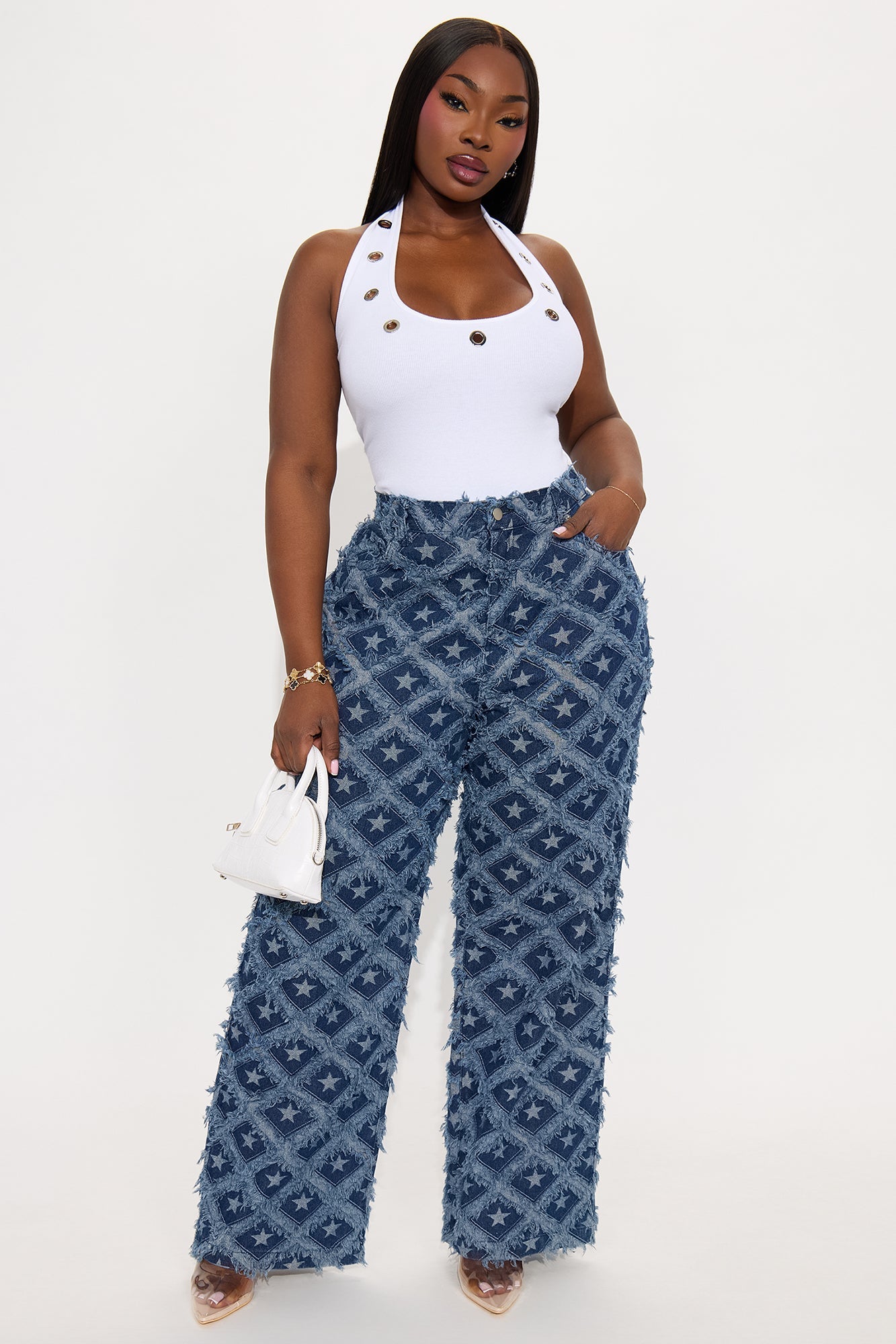Stars Have Aligned Jacquard Straight Leg Jeans - Dark Wash