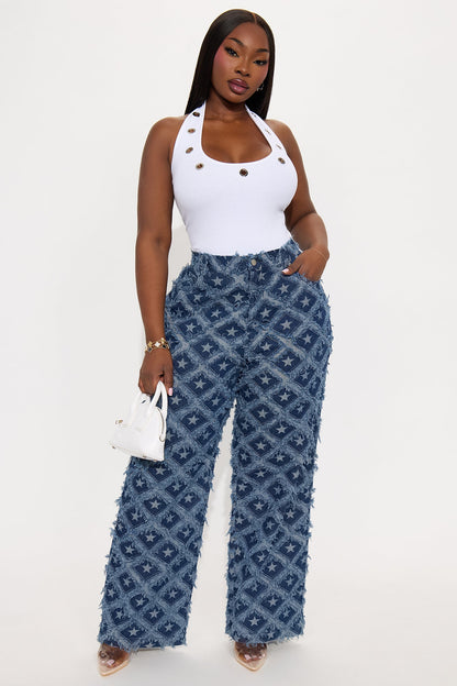 Stars Have Aligned Jacquard Straight Leg Jeans - Dark Wash