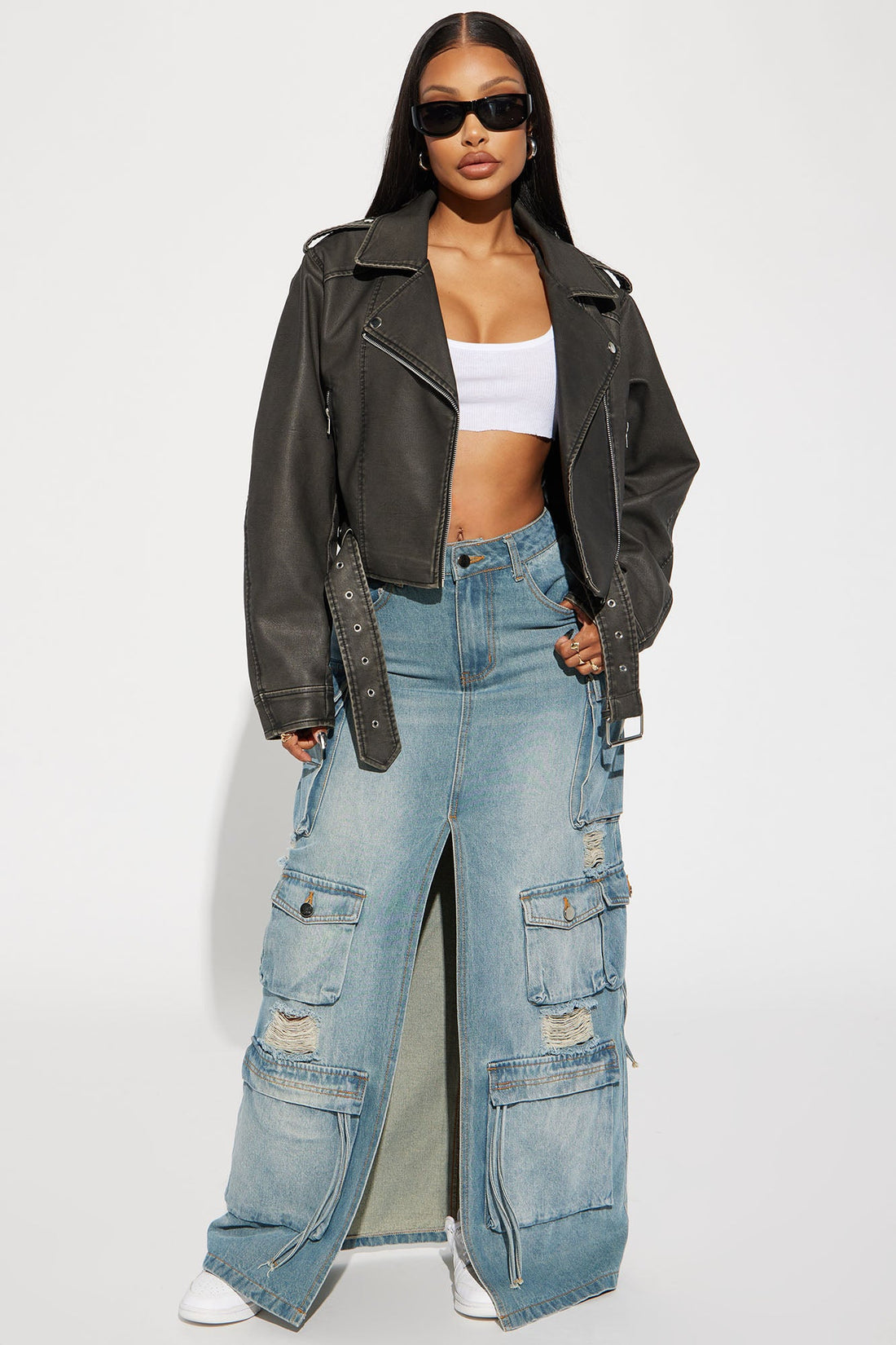 Roxi Washed Faux Leather Moto - Black