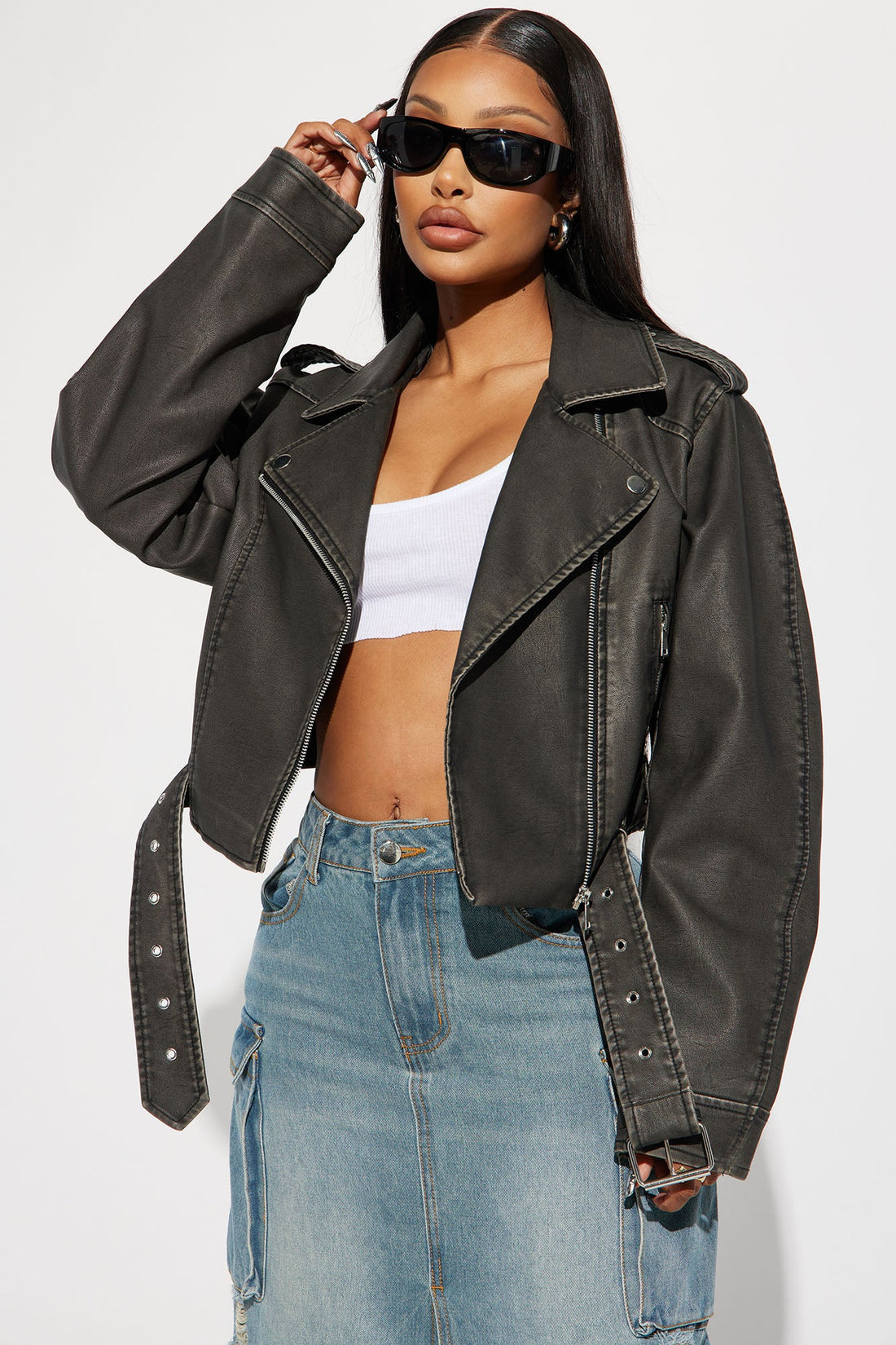 Roxi Washed Faux Leather Moto - Black