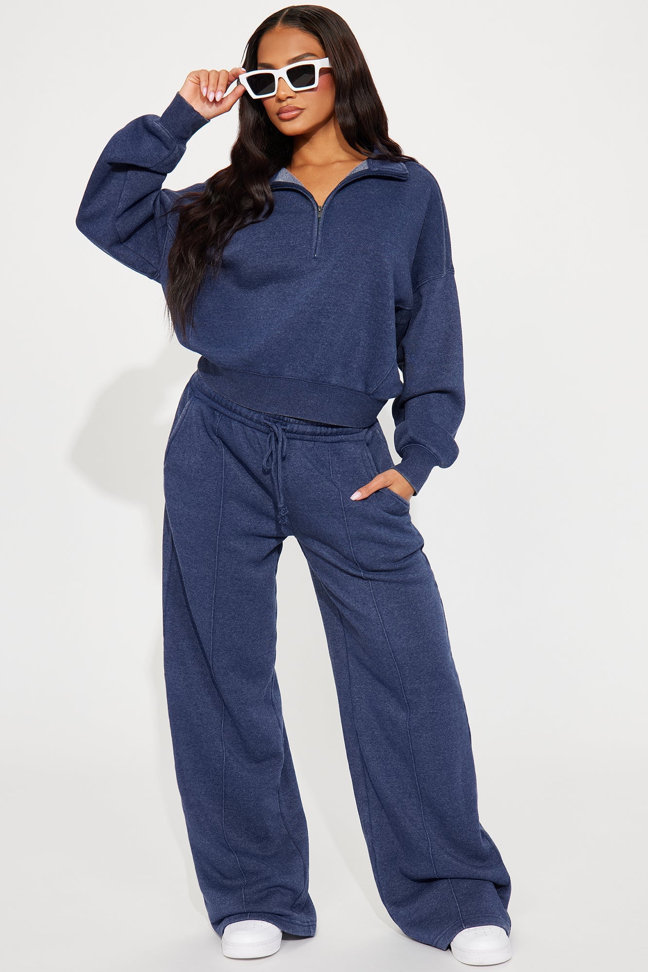 Lazy Days Washed Fleece Pant Set - Navy