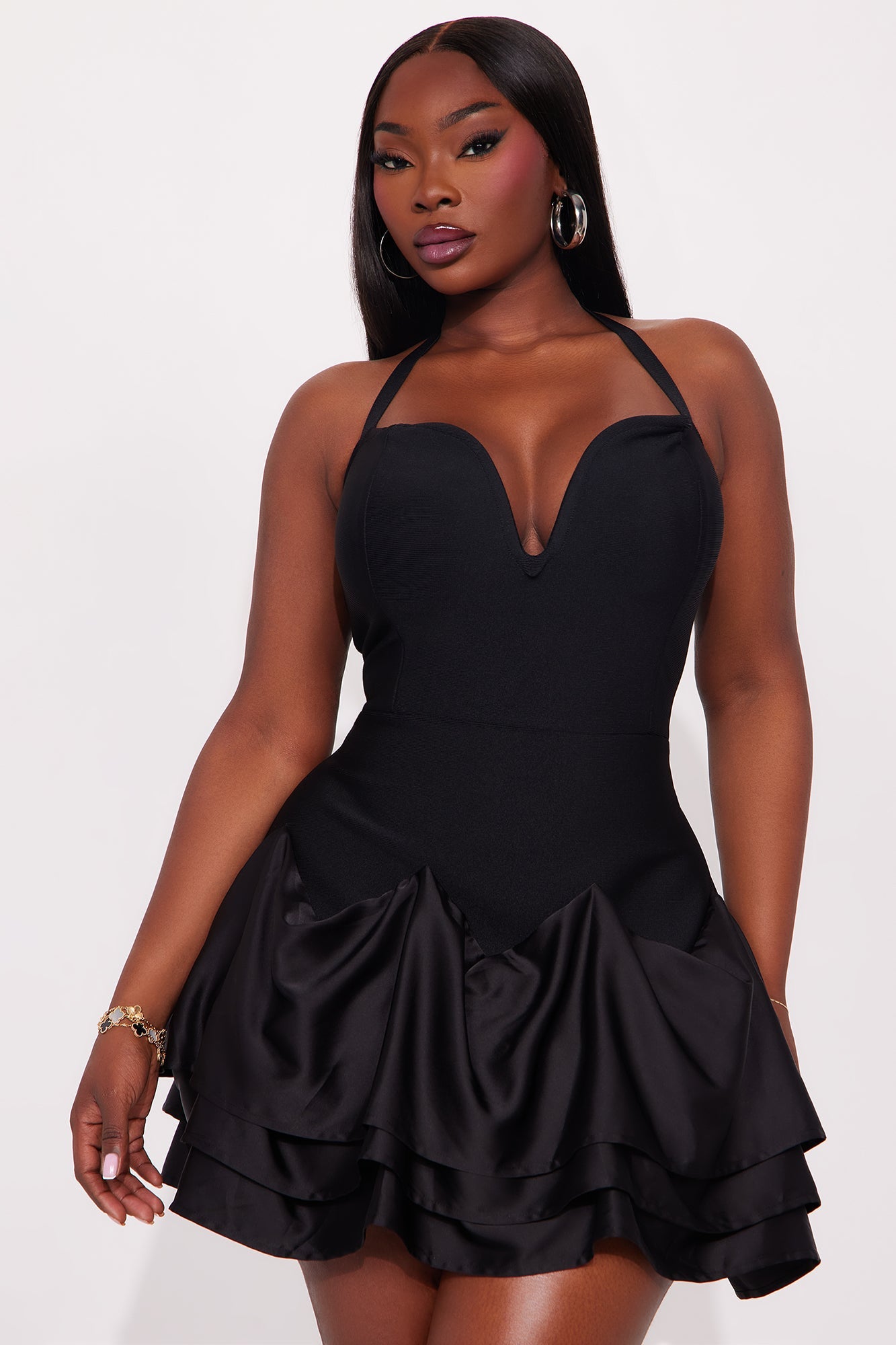 Lana Satin Bubble Bandage Mini Dress - Black
