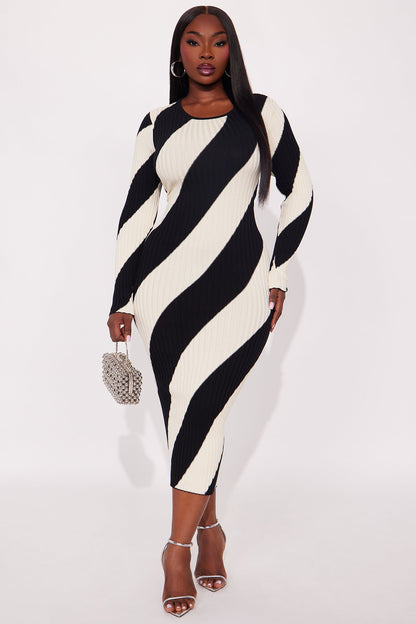 Kiana Striped Ribbed Midi Dress - Black/White