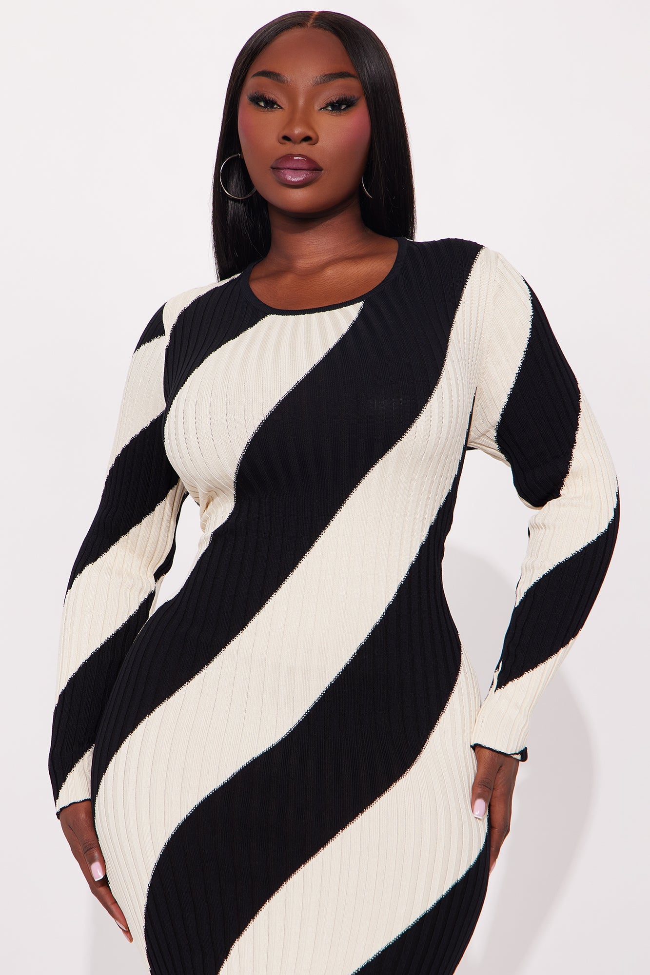 Kiana Striped Ribbed Midi Dress - Black/White