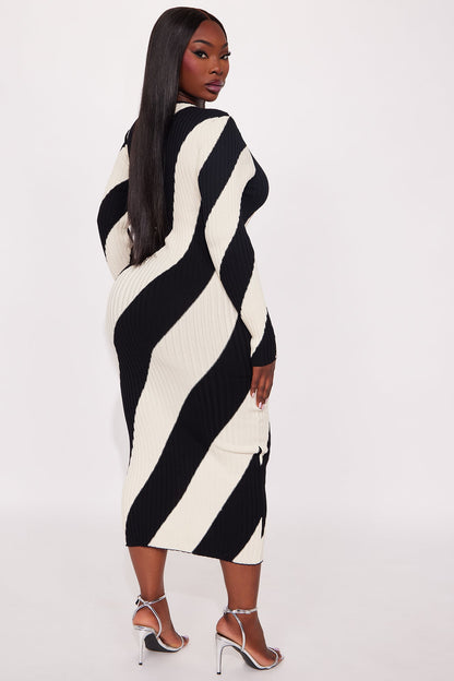 Kiana Striped Ribbed Midi Dress - Black/White