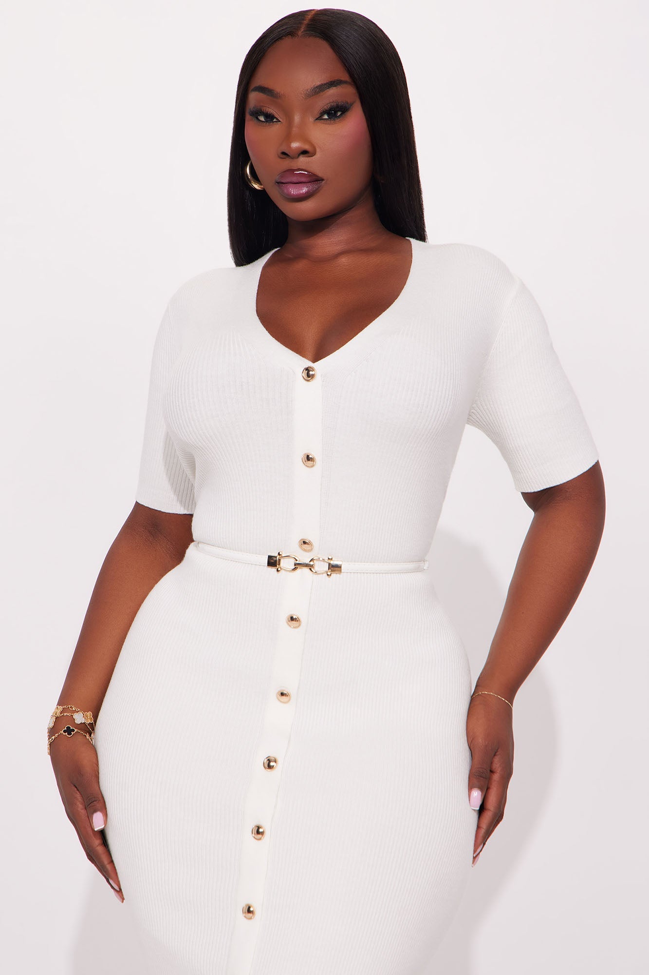 Kaia Belted Ribbed Midi Dress - White