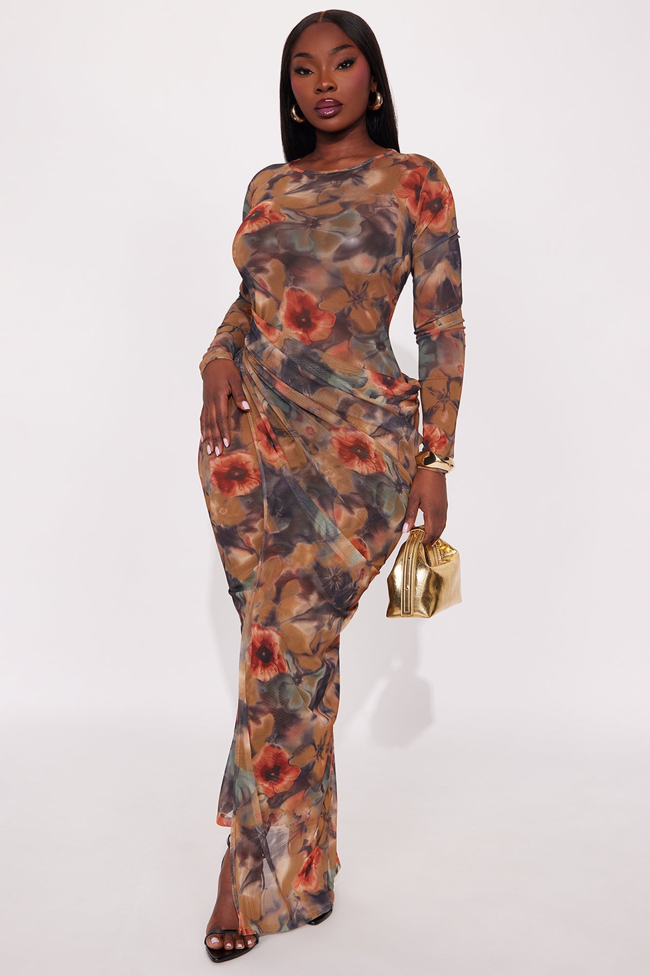 Morgan Sheer Mesh Printed Maxi Dress - Brown/combo