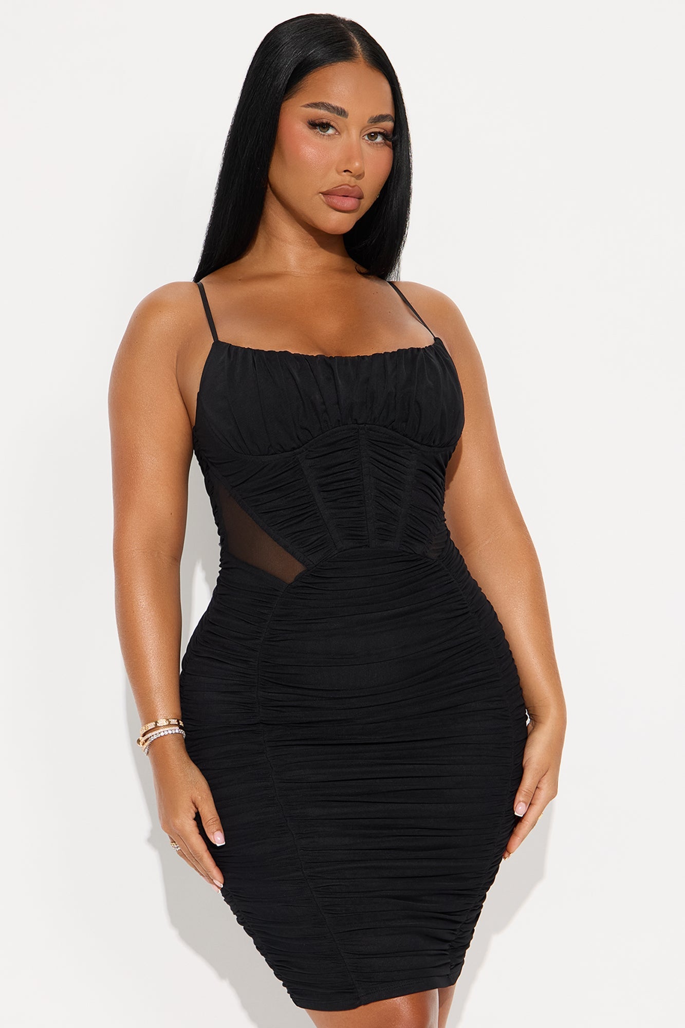 Raina Ruched Corset Mesh Midi Dress - Black