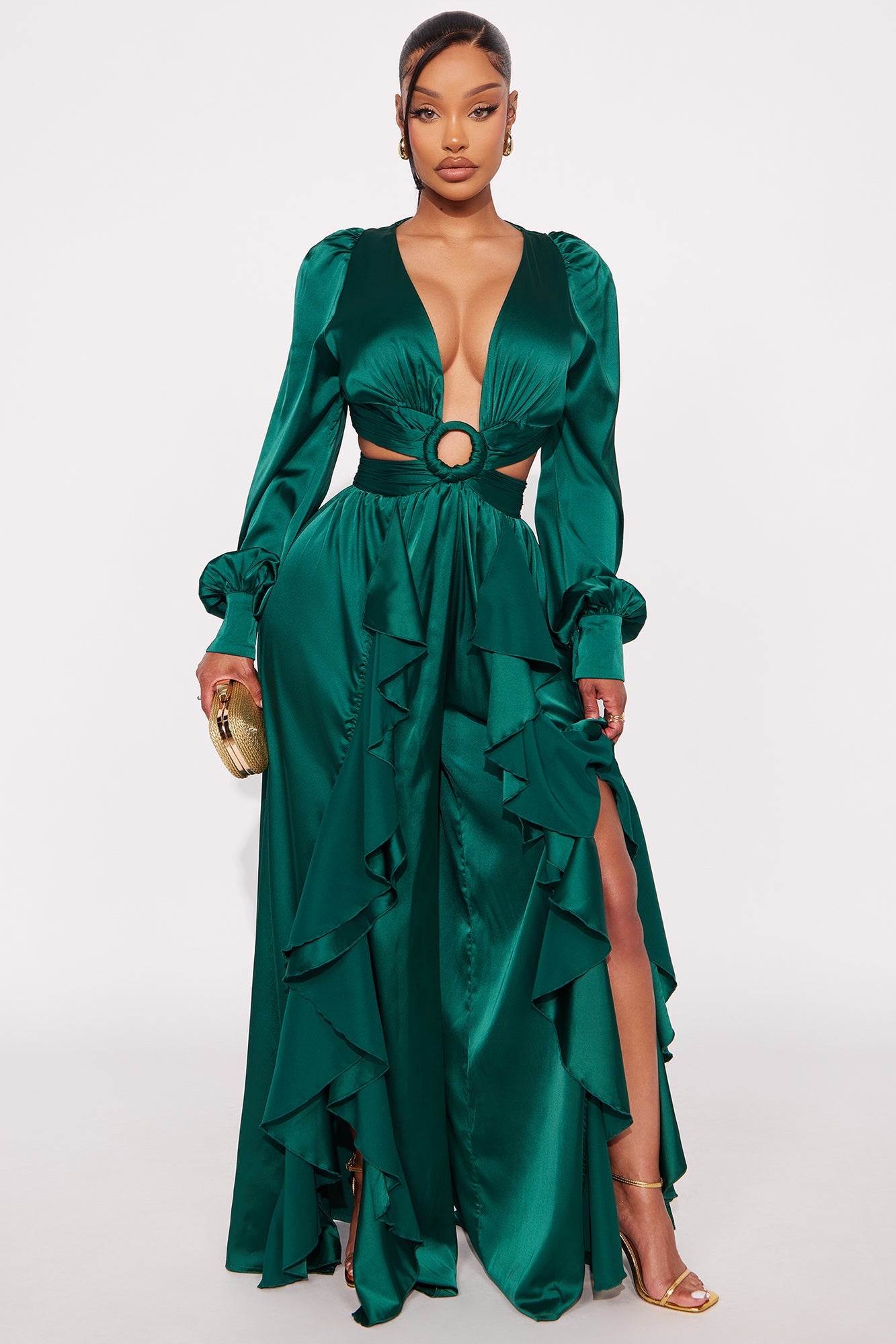 Show Stopper Satin Long Sleeve Jumpsuit - Emerald