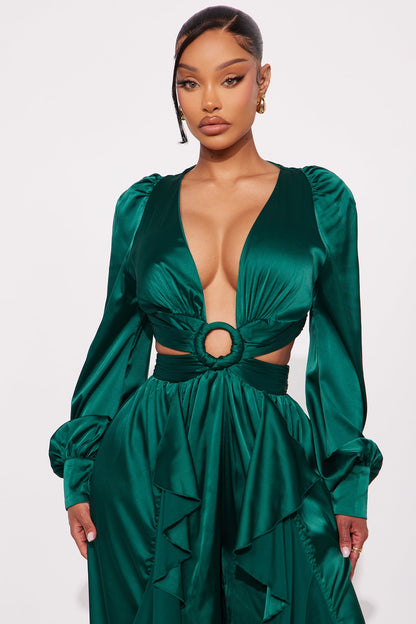 Show Stopper Satin Long Sleeve Jumpsuit - Emerald
