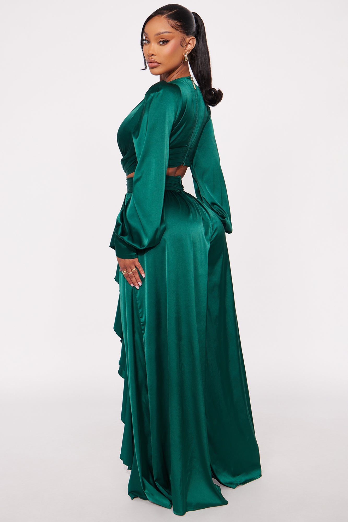Show Stopper Satin Long Sleeve Jumpsuit - Emerald