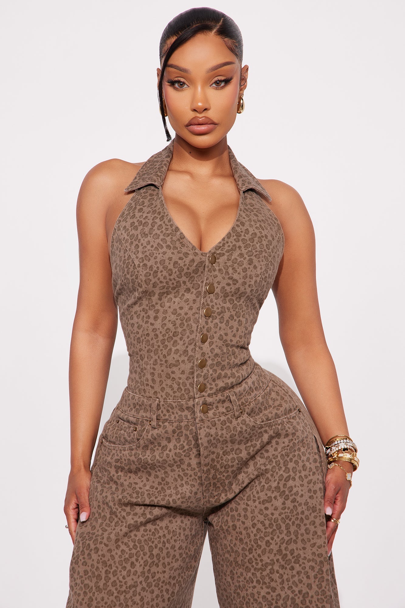 Liona Leopard Barrel Leg Jumpsuit - Brown/combo