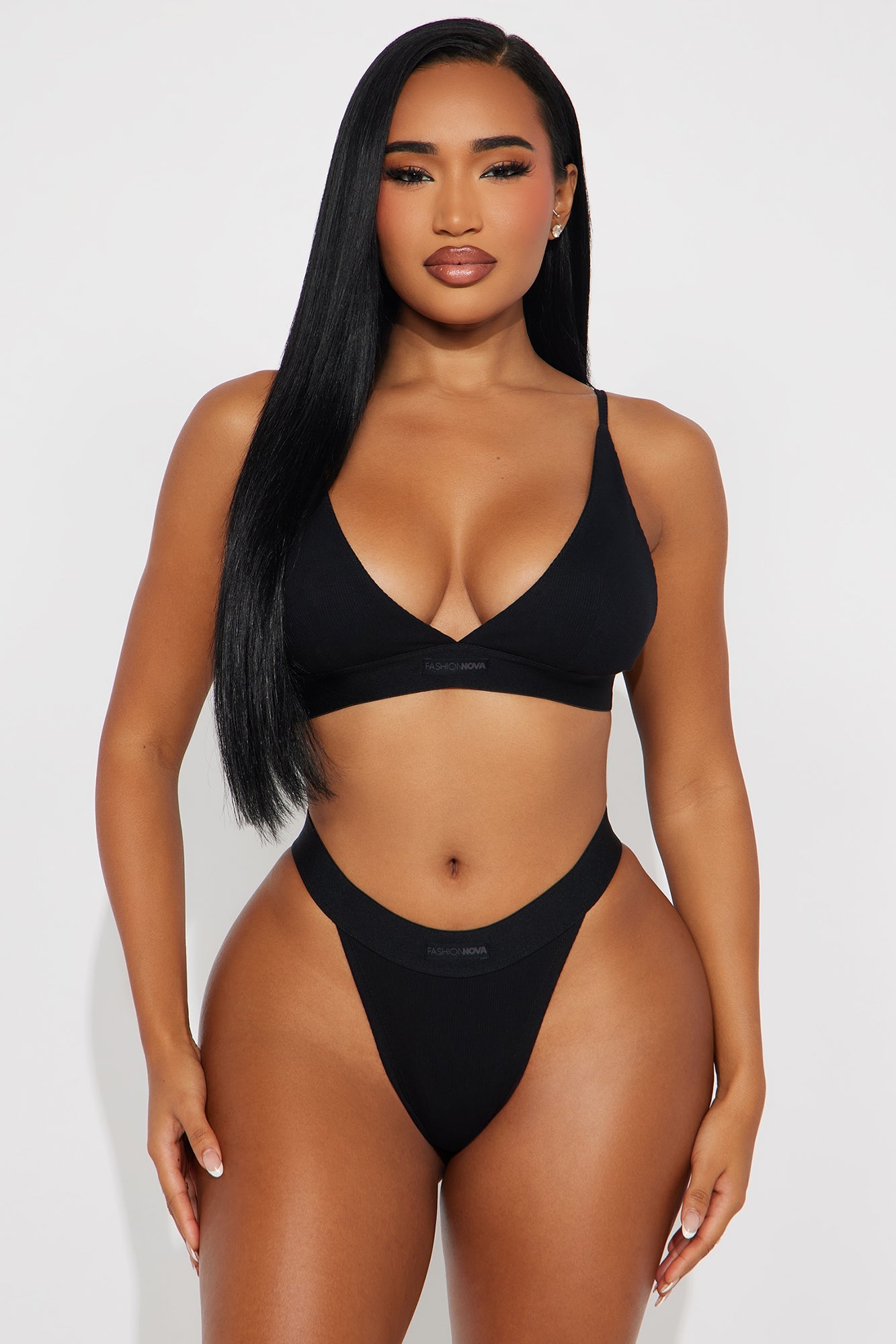FN Mood Plunge Bra And Thong 2 Piece Cotton Ribbed Set - Black